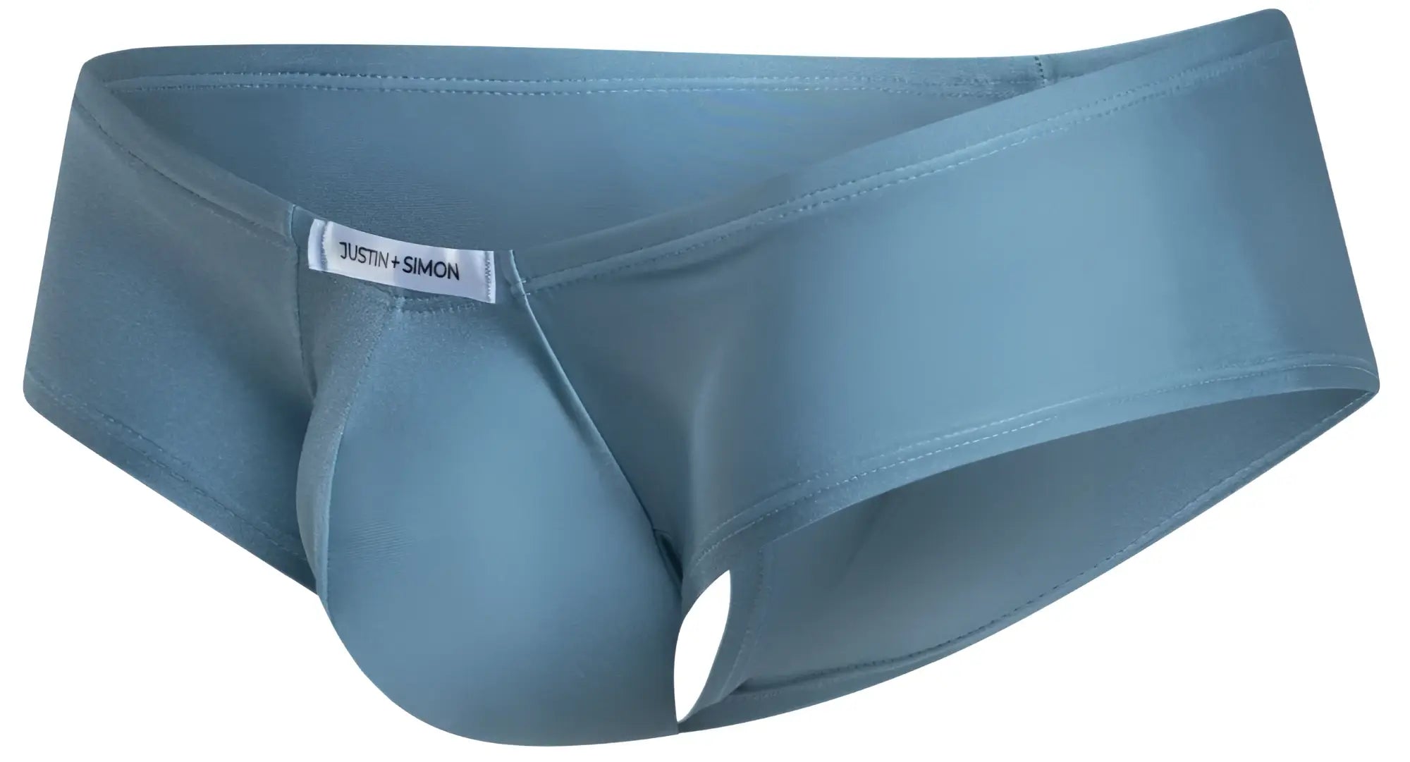 A sleek slate blue justin simon men’s brief with smooth form-fitting fabric and subtle waistband brand tag