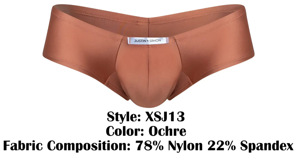 Ochre-colored form-fitting briefs made of 78 nylon 22 spandex by justin simon in the justin simon xsj13 cheeky bulge boxer line