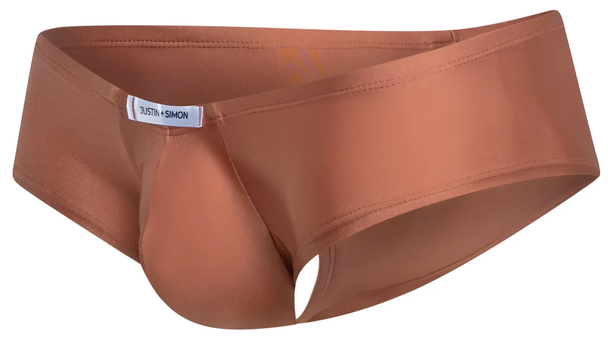 Justin simon xsj13 cheeky bulge boxer in copper satin briefs with sleek smooth texture and subtle sheen in ochre color