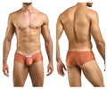 Tan-colored justin simon xsj13 cheeky bulge boxer briefs with smooth fabric and a small white front label