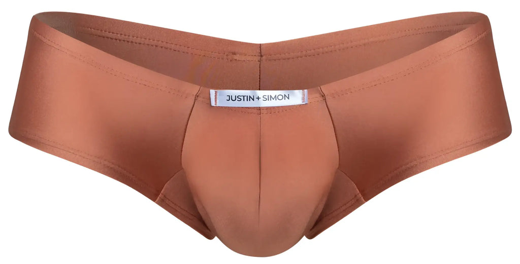 Justin simon xsj13 cheeky bulge boxer in copper-colored satin with a smooth shiny fabric and contoured design