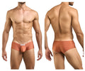 Tan-colored justin simon xsj13 cheeky bulge boxer briefs with smooth fabric and a small white front label
