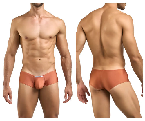 Tan-colored justin simon xsj13 cheeky bulge boxer briefs with smooth fabric and a small white front label