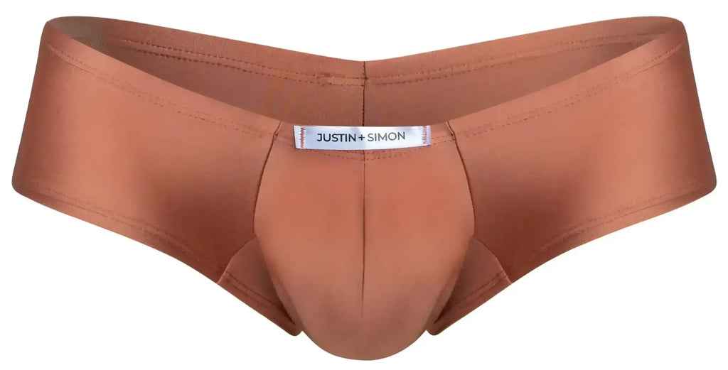 Justin simon xsj13 cheeky bulge boxer in copper-colored satin with a smooth shiny fabric and contoured design