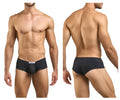 Black men’s cheeky bulge briefs in peach black with a white waistband label by justin simon xsj13