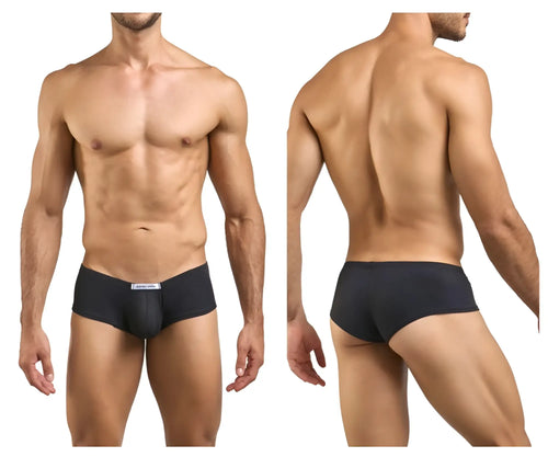 Black men’s cheeky bulge briefs in peach black with a white waistband label by justin simon xsj13