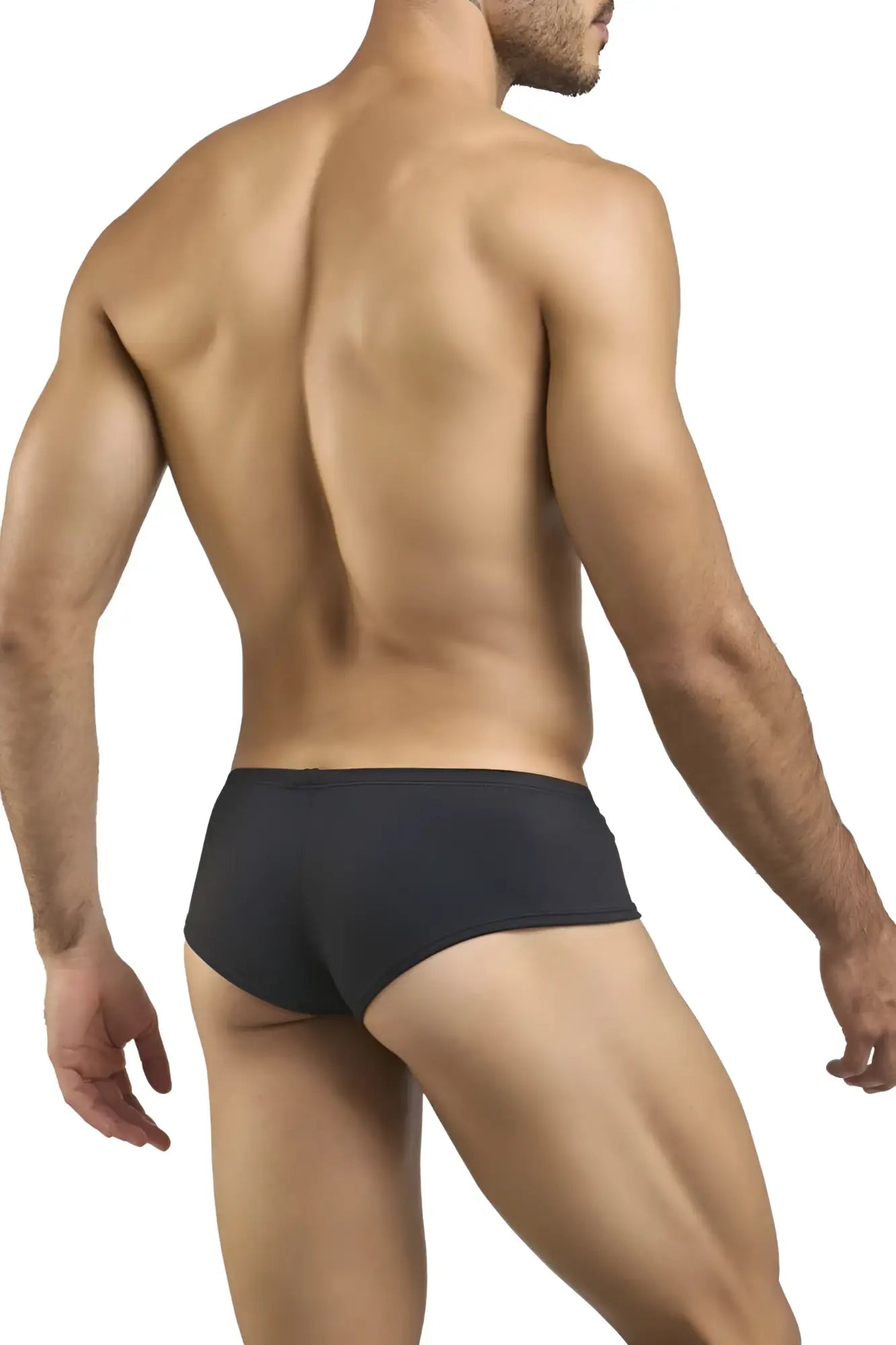 Justin simon xsj13 cheeky bulge boxer in peach black with smooth form-fitting black briefs shown from the back