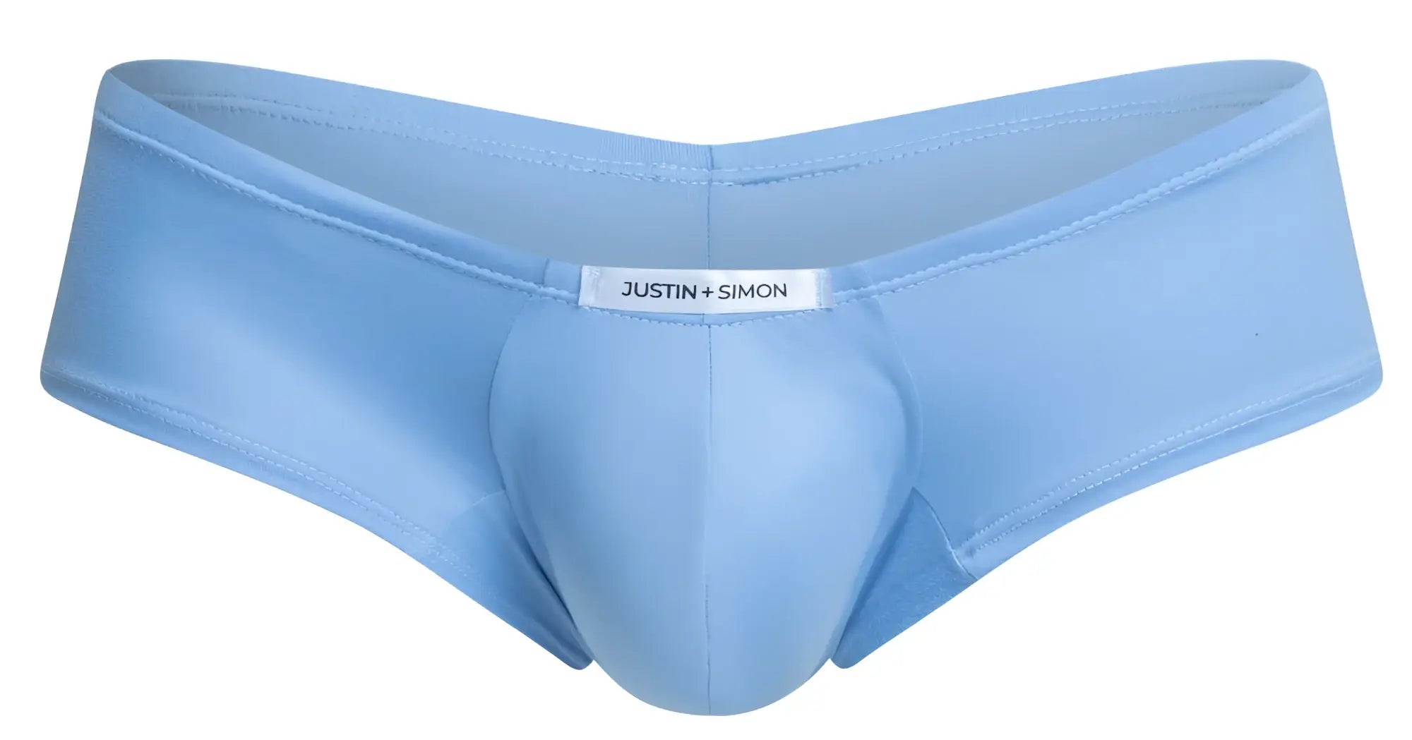 Light blue satin-like briefs with a central pouch and justin simon label in the justin simon xsj13 cheeky bulge boxer peach blue