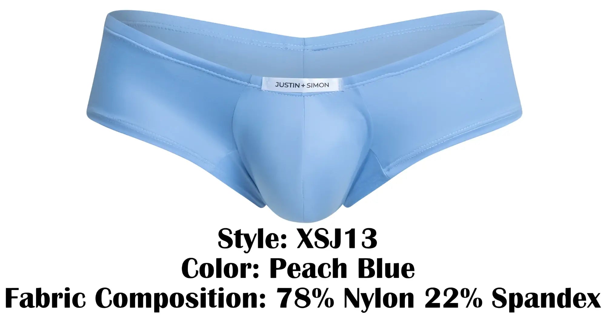 Peach blue men’s briefs by justin + simon in stretchy nylon spandex blend with cheeky bulge boxer design