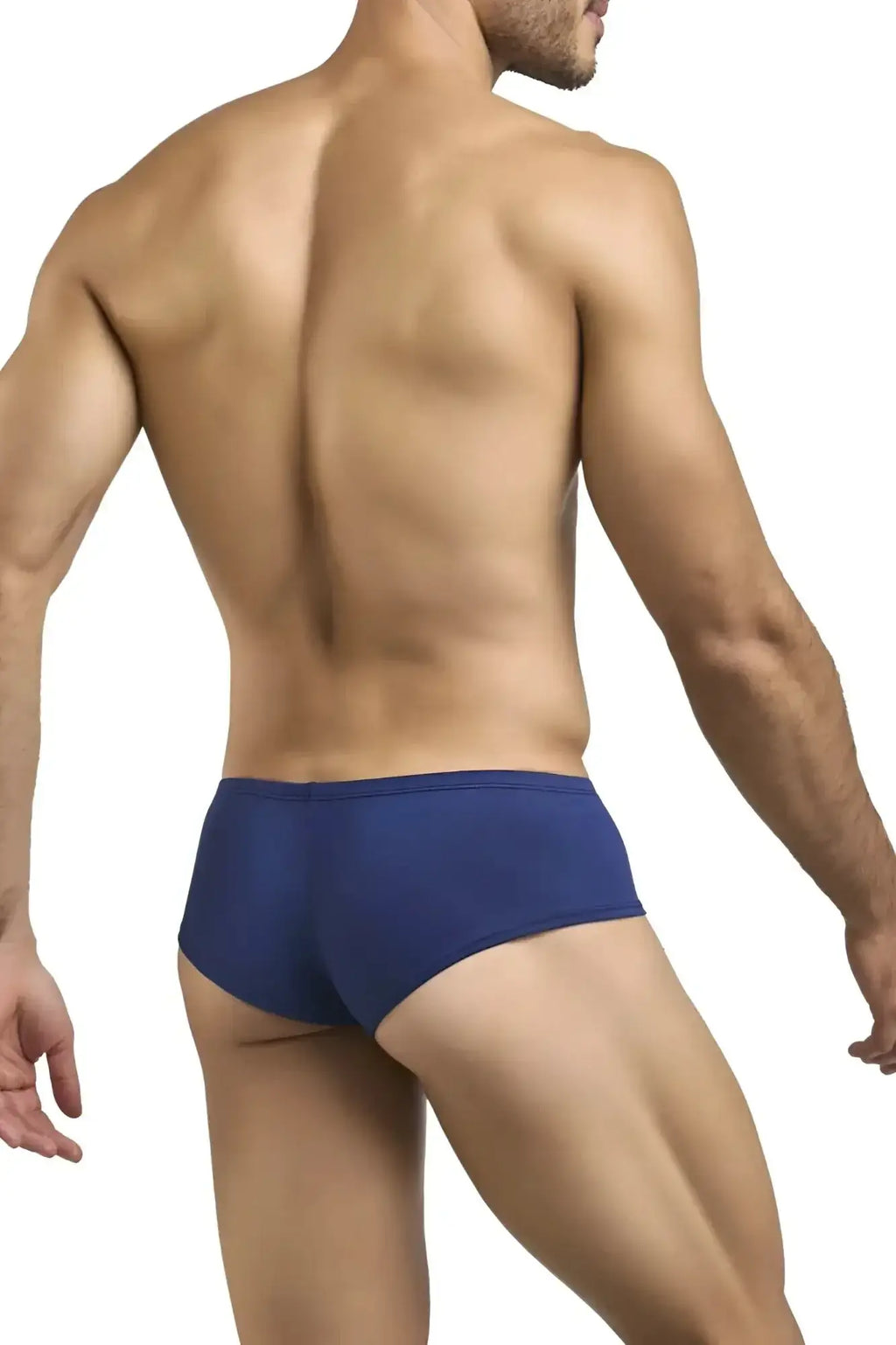 Navy blue cheeky bulge boxer briefs by justin simon in peach navy color offering a snug and stylish fit