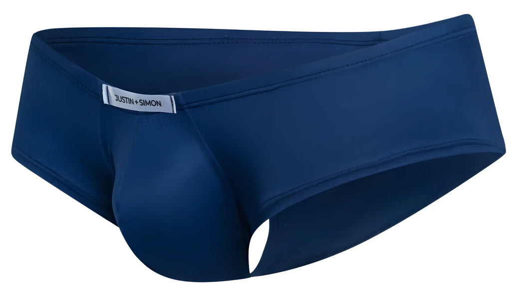 Navy blue justin simon men’s briefs with smooth form fitting fabric and subtle waistband label front view