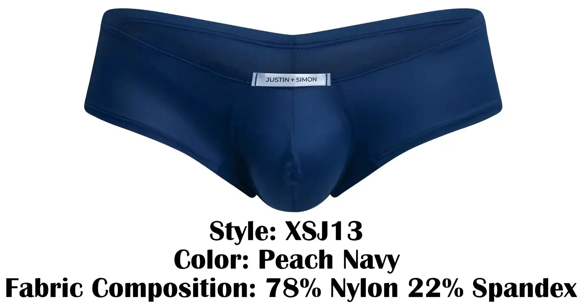 Navy blue men’s briefs by justin simon with smooth stretchy fabric and subtle brand tag on waistband