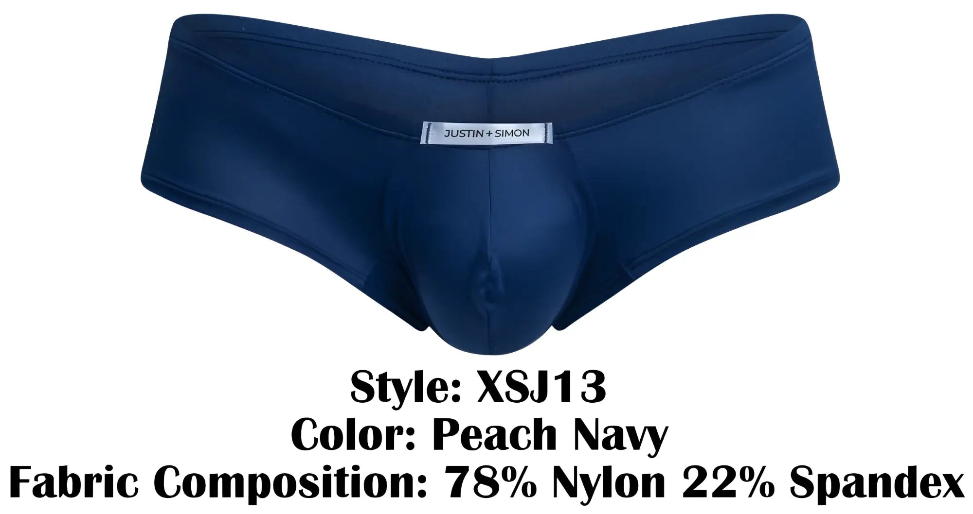 Navy blue men’s briefs by justin simon with smooth stretchy fabric and subtle brand tag on waistband