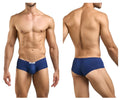 Navy blue men’s cheeky bulge boxer briefs with a white brand tag at the waistband from JUSTIN+SIMON XSJ13