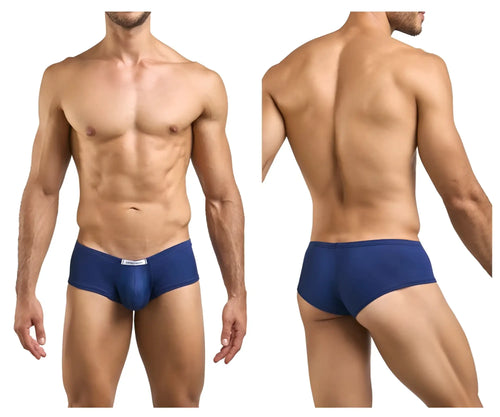 Navy blue men’s cheeky bulge boxer briefs with a white brand tag at the waistband from JUSTIN+SIMON XSJ13