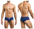 Navy blue men’s cheeky bulge boxer briefs with a white brand tag at the waistband from JUSTIN+SIMON XSJ13