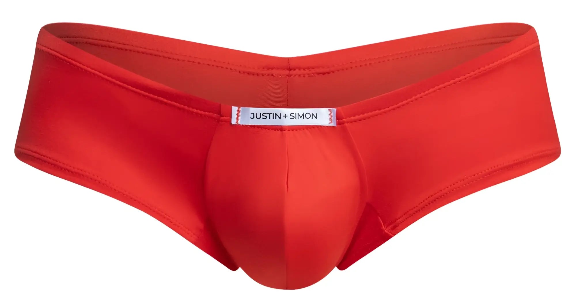 Bright red smooth men’s briefs with a central pouch and justin plus simon label in cheeky bulge boxer style