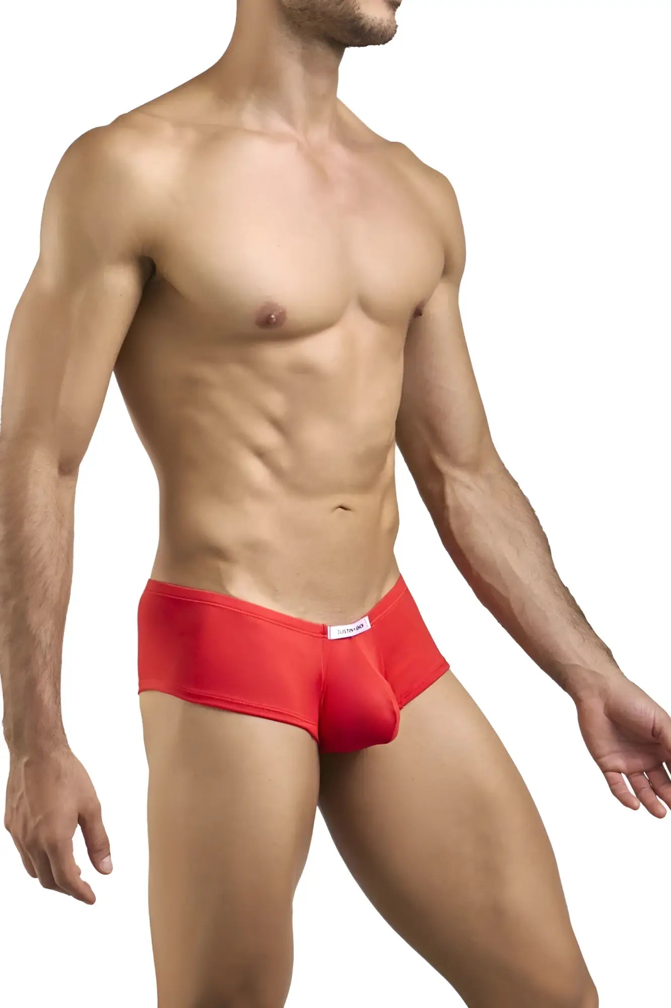 Red men’s cheeky bulge boxer briefs with a snug fit and small white waistband label in peach red by justin simon