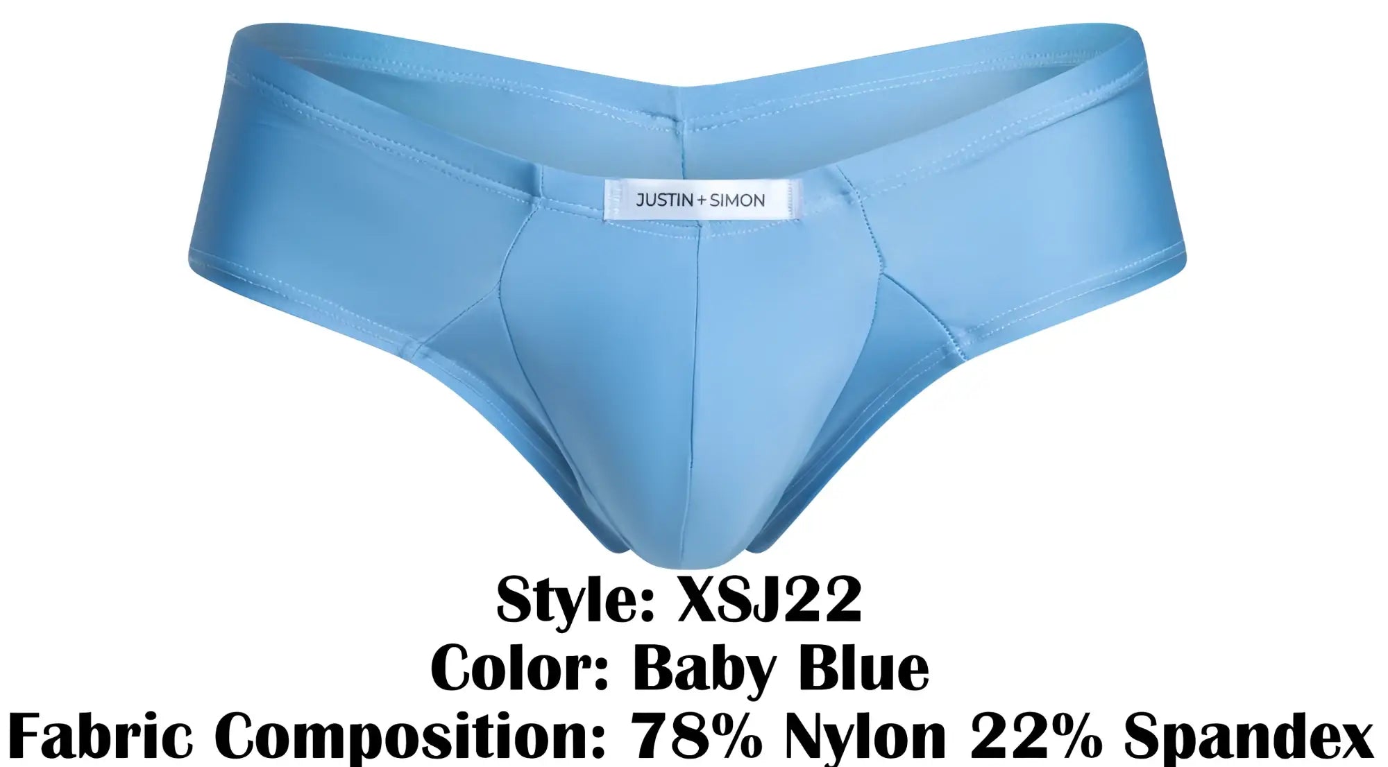 Baby blue justin plus simon men’s briefs made of 78 nylon and 22 spandex in cheek brief style