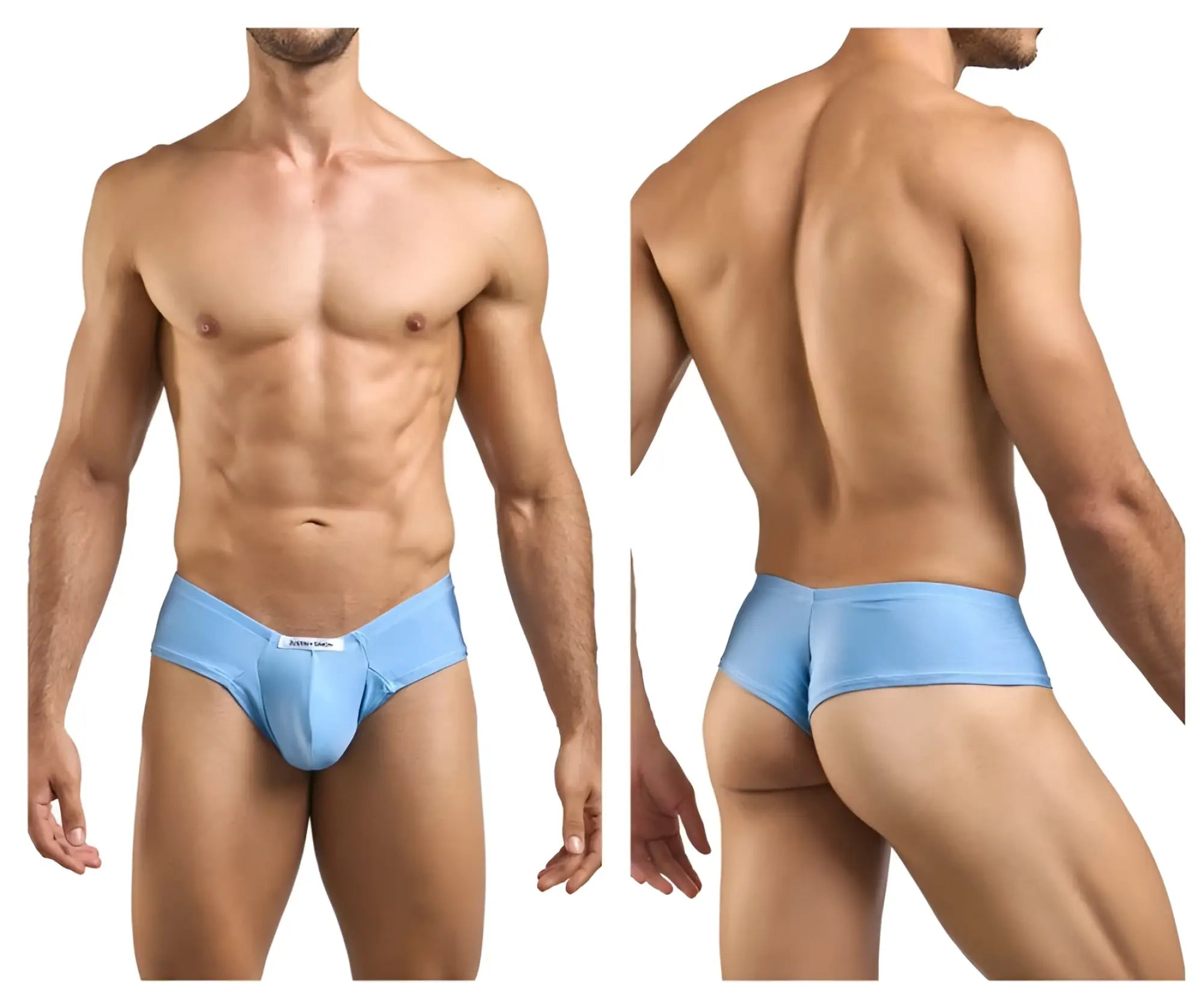 Light blue justin simon xsj22 cheek briefs with smooth form-fitting fabric and small front brand tag