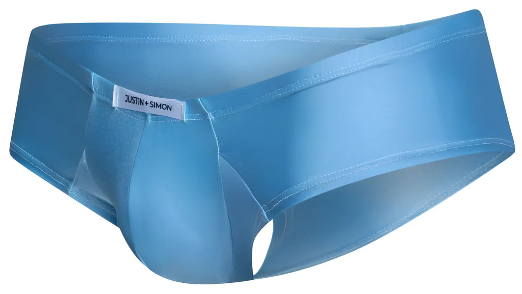 Light blue satin cheek briefs with subtle sheen and white justin plus simon label on waistband in baby blue color