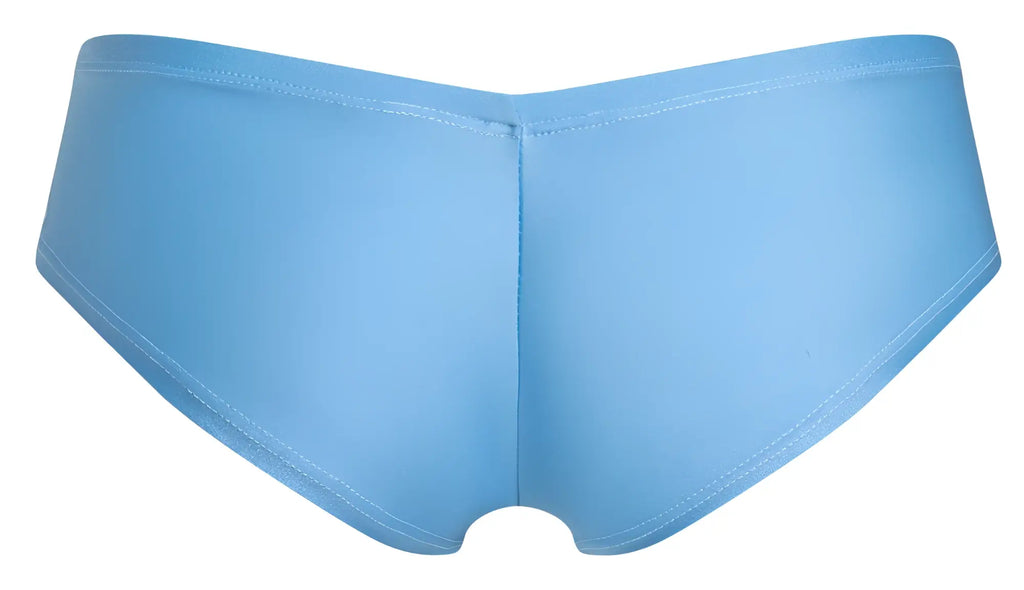 Light blue smooth textured women’s cheek briefs by JUSTIN SIMON with a seamless design in baby blue color