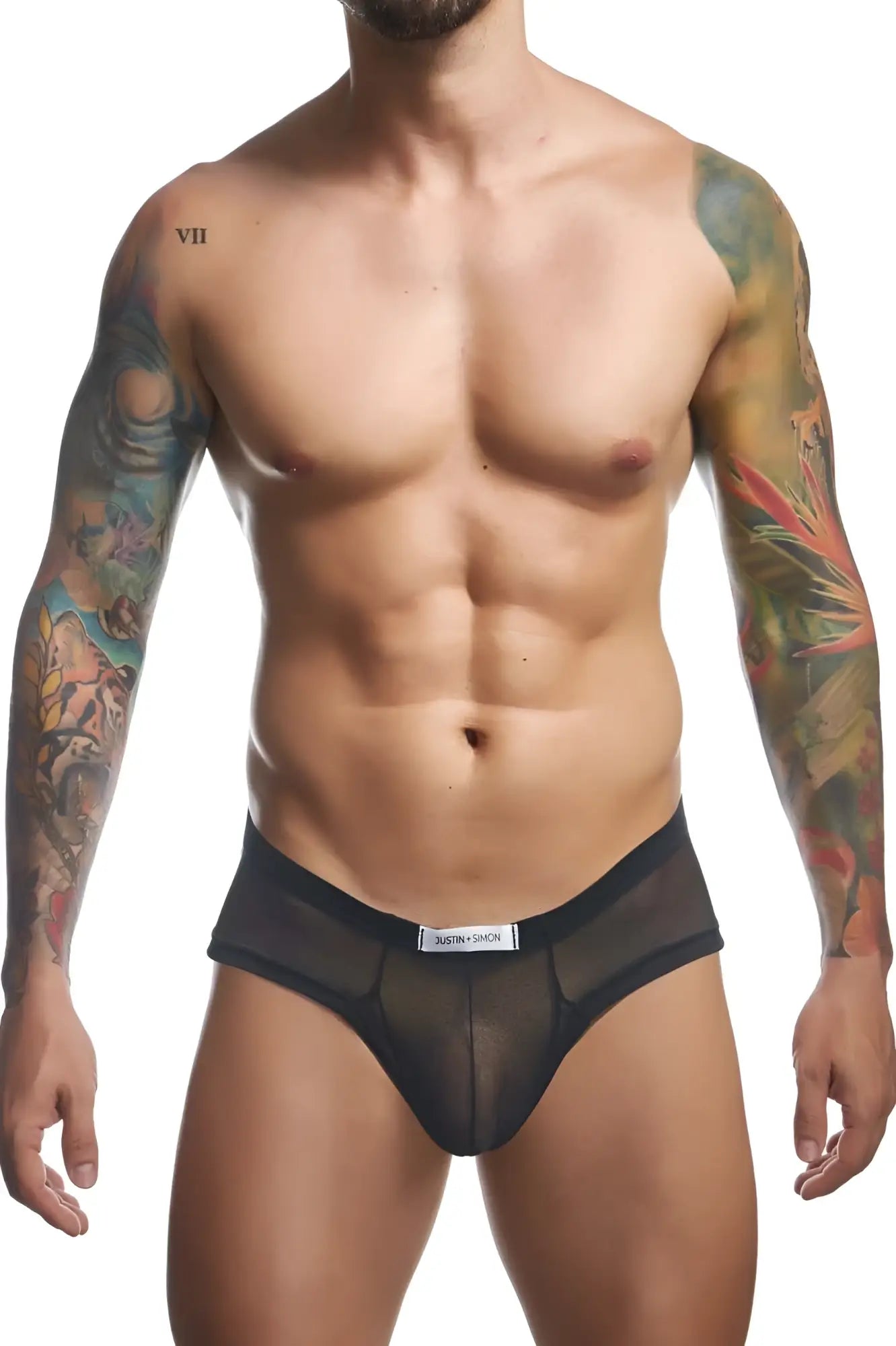 Black sheer mesh cheek briefs with elastic waistband and justin simon label in black from JUSTIN SIMON XSJ22 collection