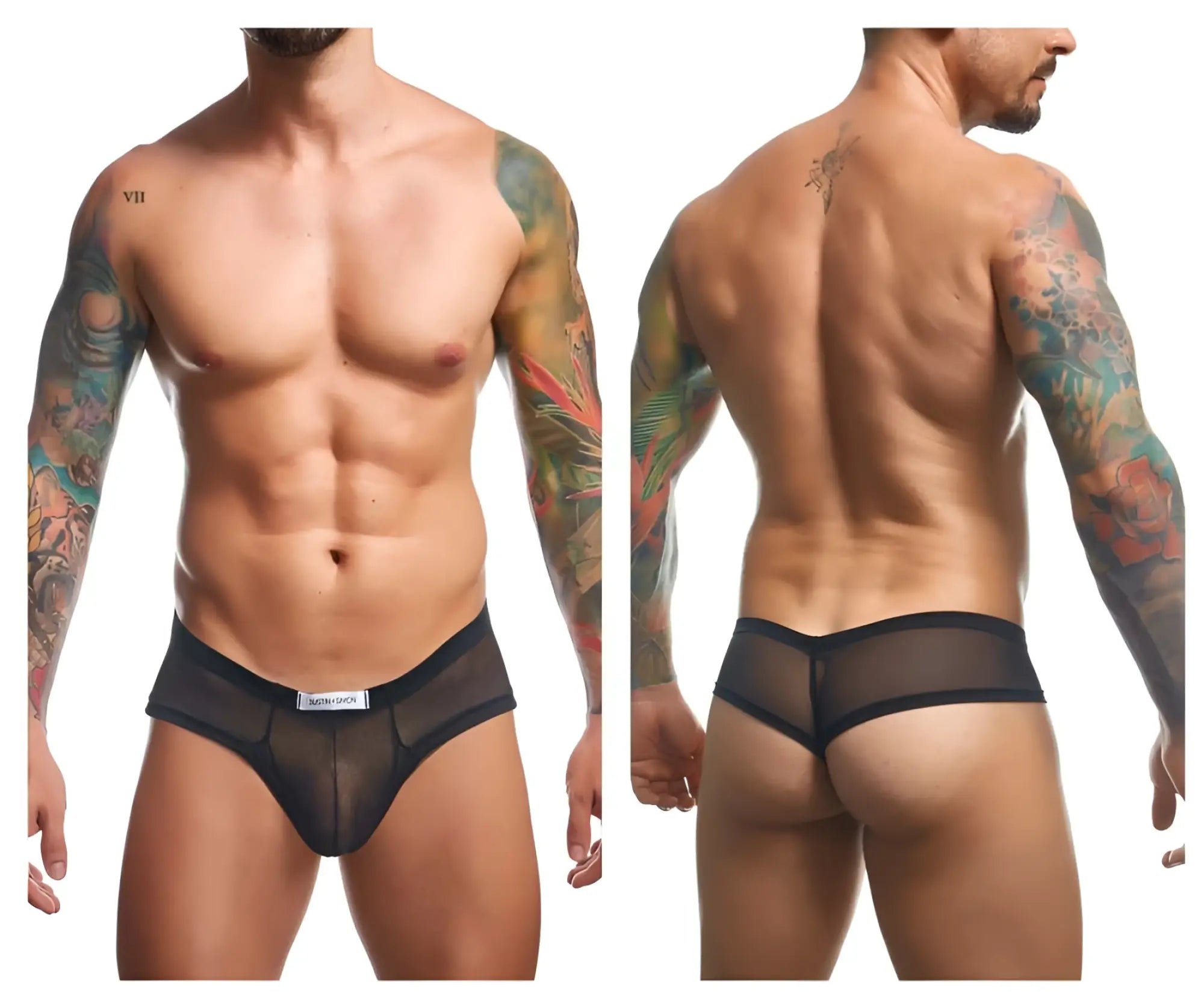 Black sheer mesh briefs with solid black waistband and small white justin simon brand tag in black mesh color