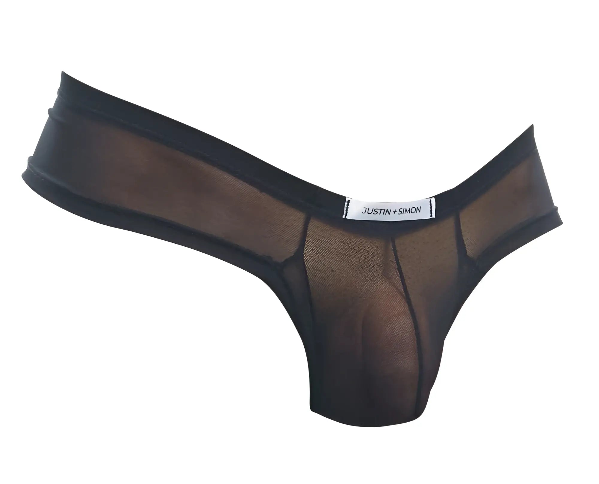 Black sheer mesh thong with solid black waistband and justin plus simon label from xsj22 cheek briefs collection