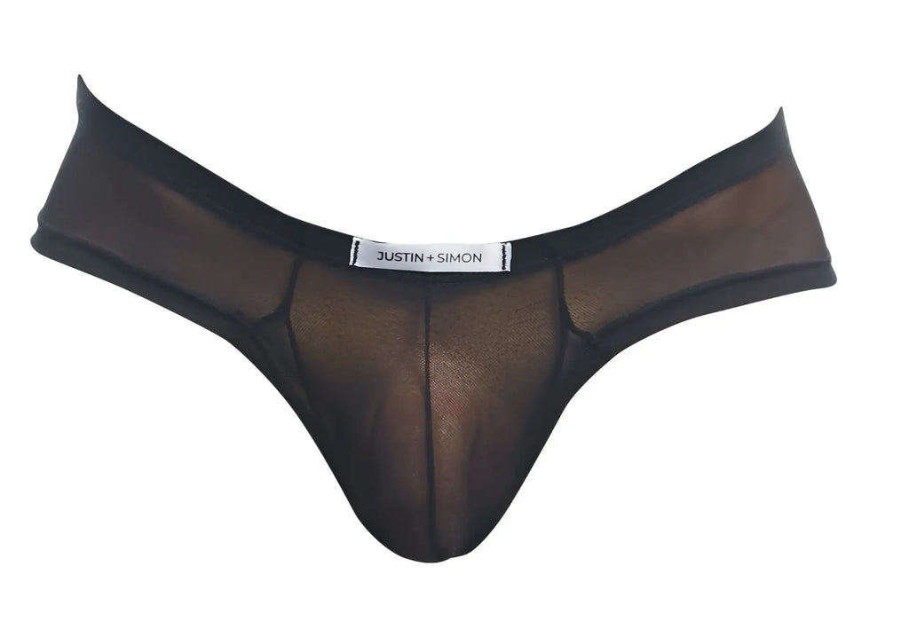 Black sheer mesh thong with solid black waistband and justin simon label in justin simon xsj22 cheek briefs