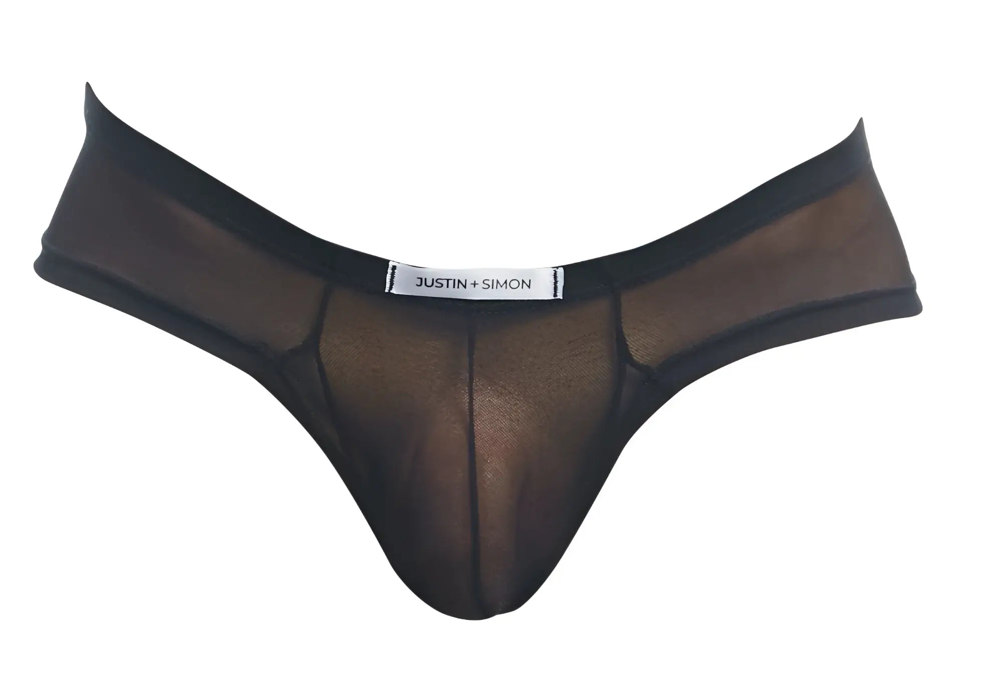 Black sheer mesh thong with solid black waistband and justin simon label in justin simon xsj22 cheek briefs