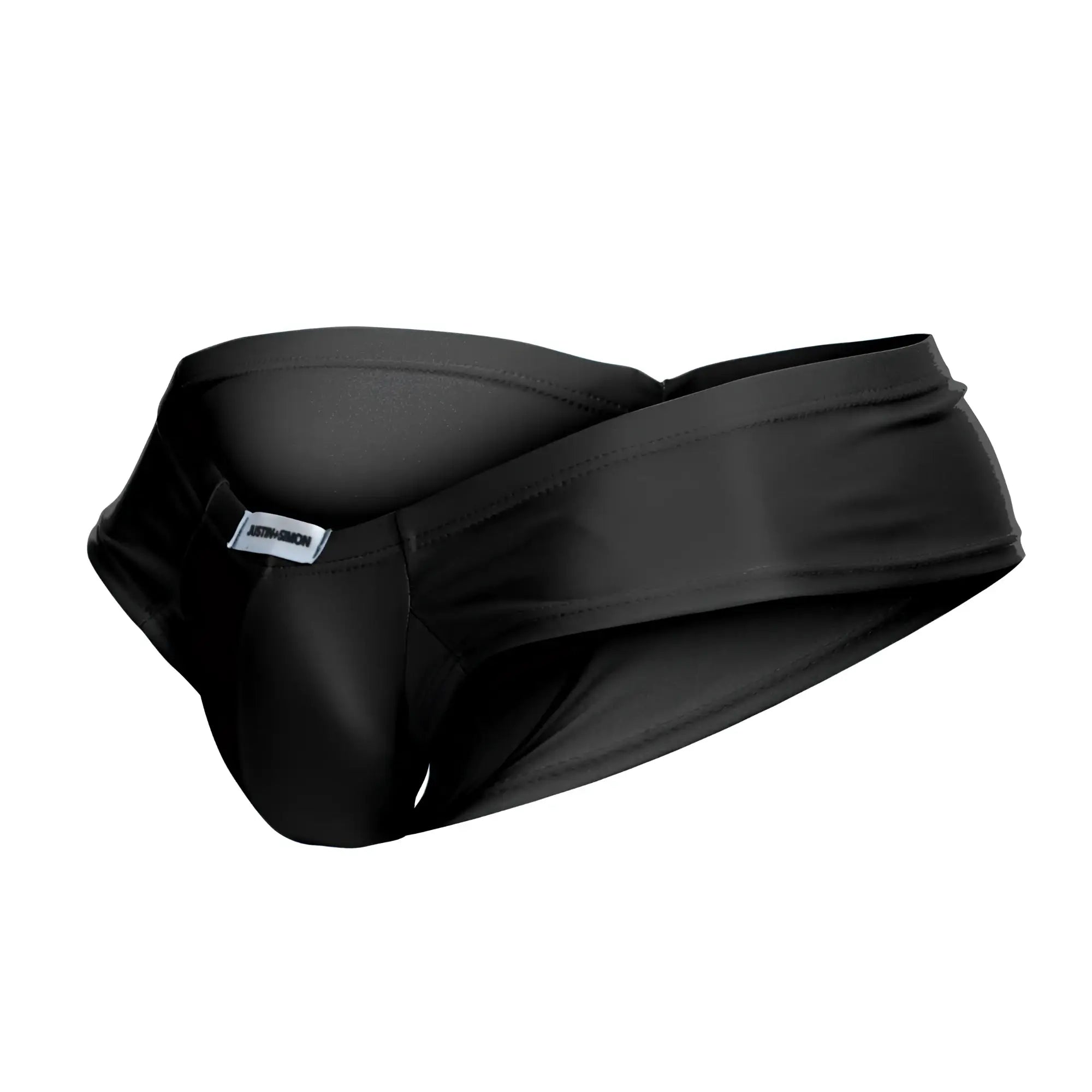 Black satin swim trunks with sleek modern design and branded tag from justin simon xsj22 cheek briefs collection