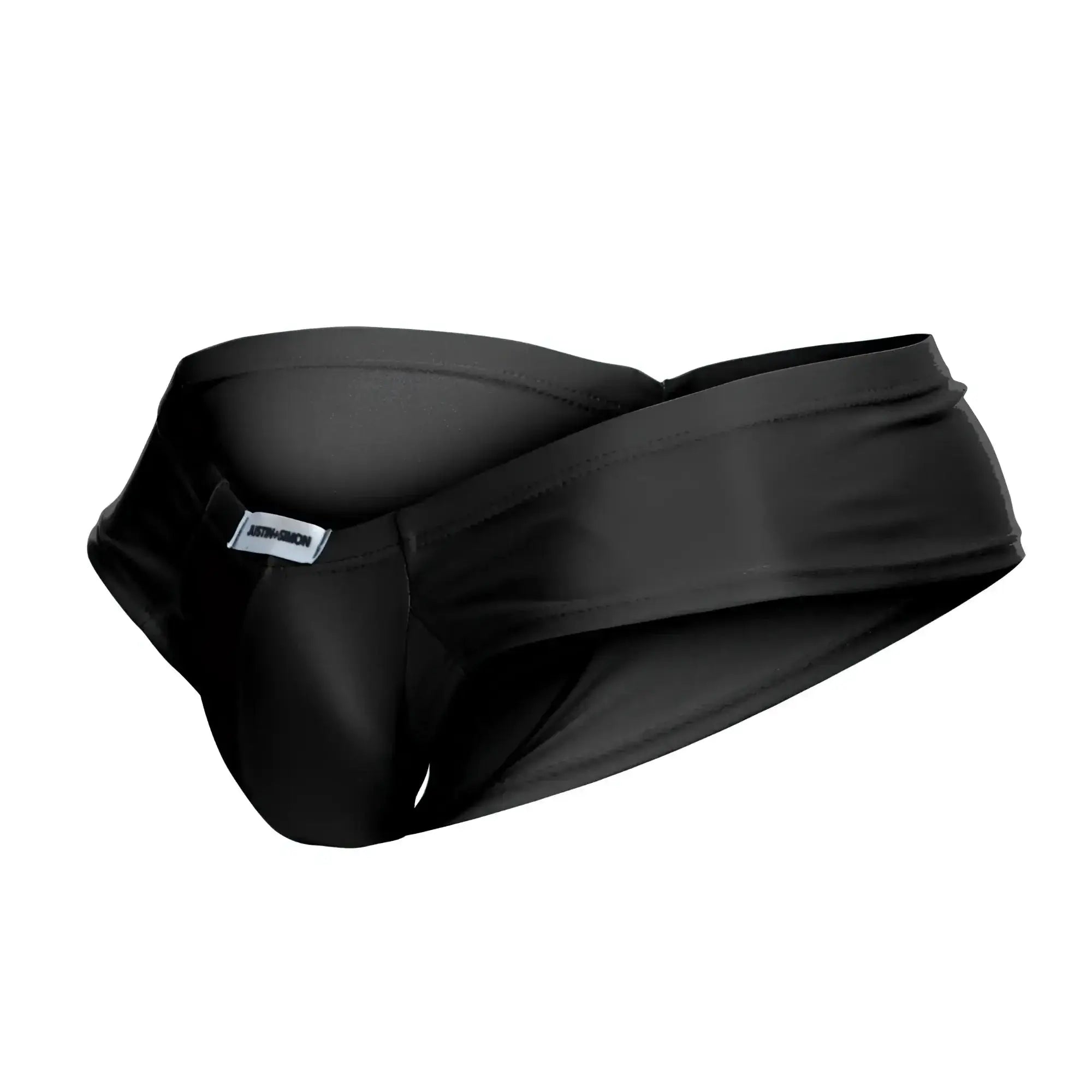 Black satin swim trunks with sleek modern design and branded tag from justin simon xsj22 cheek briefs collection