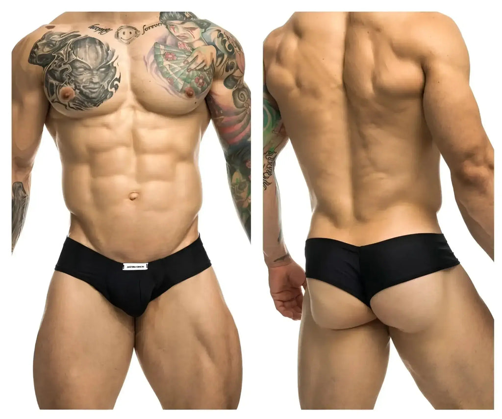 Black justin+simon xsj22 cheek briefs with white waistband tag designed for athletic support and comfort