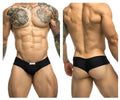 Black justin+simon xsj22 cheek briefs with white waistband tag designed for athletic support and comfort