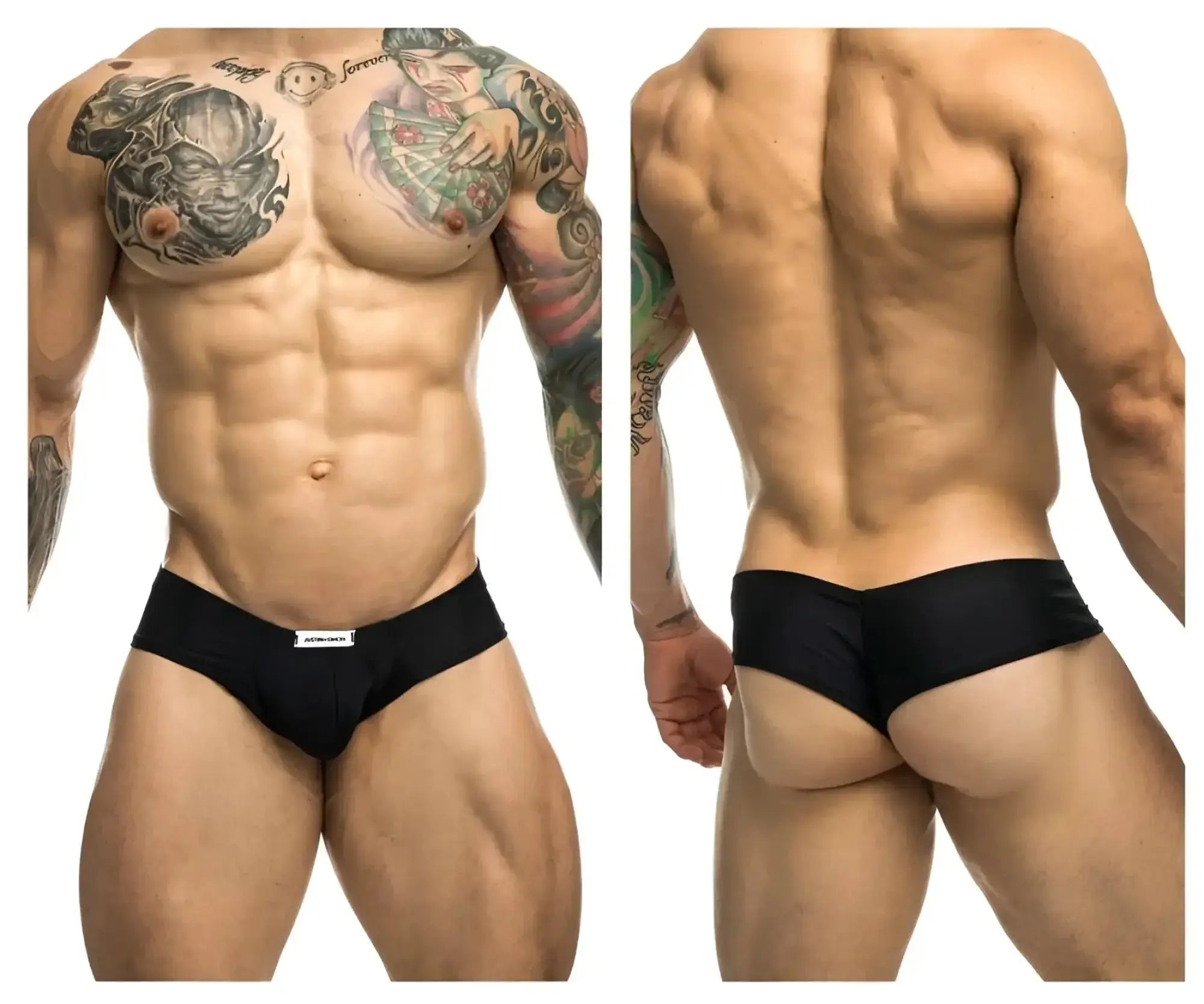 Black justin+simon xsj22 cheek briefs with white waistband tag designed for athletic support and comfort