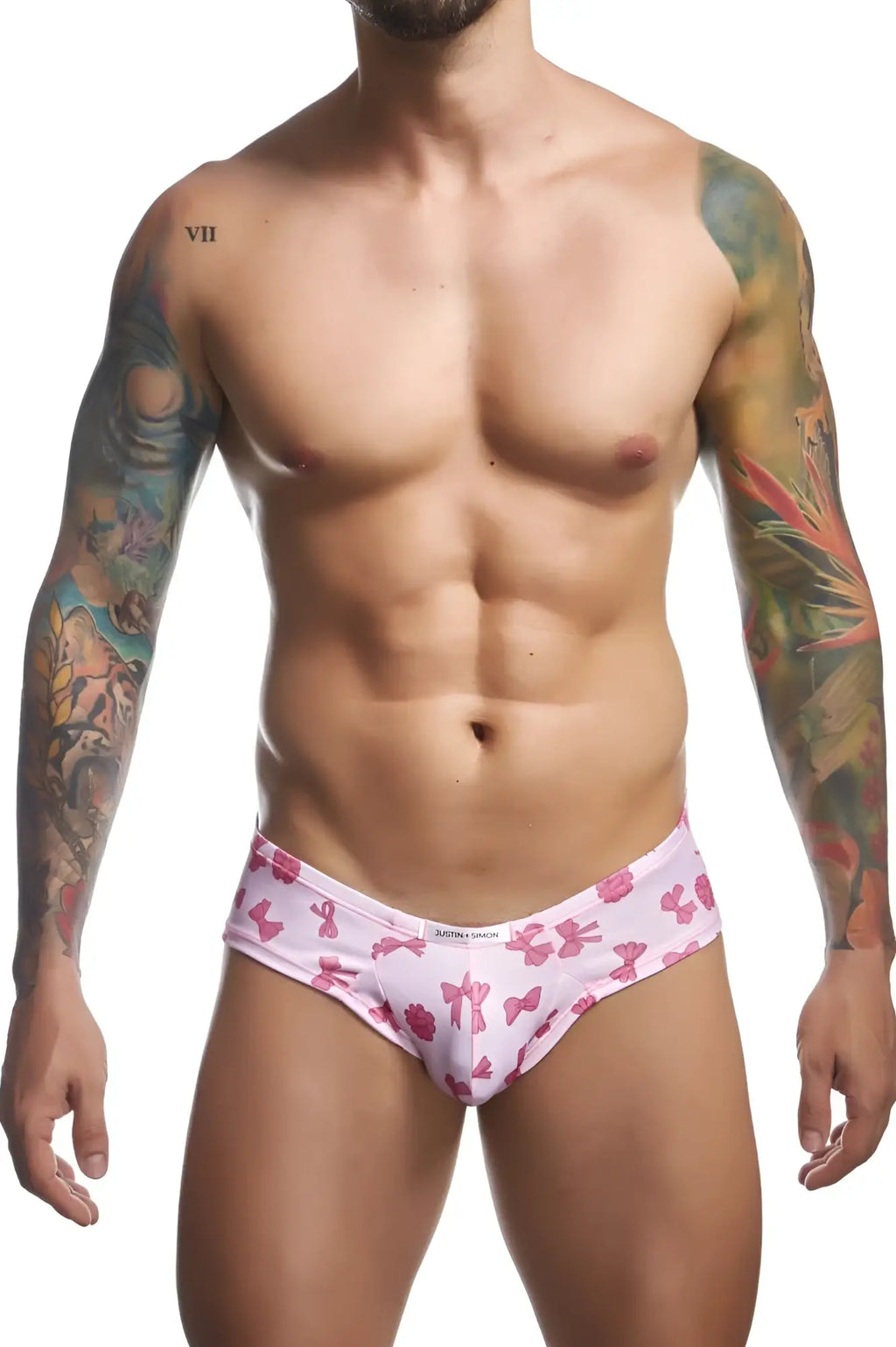 Justin Simon XSJ22 cheek briefs pink bow pattern with white waistband and xterra touch fabric for men