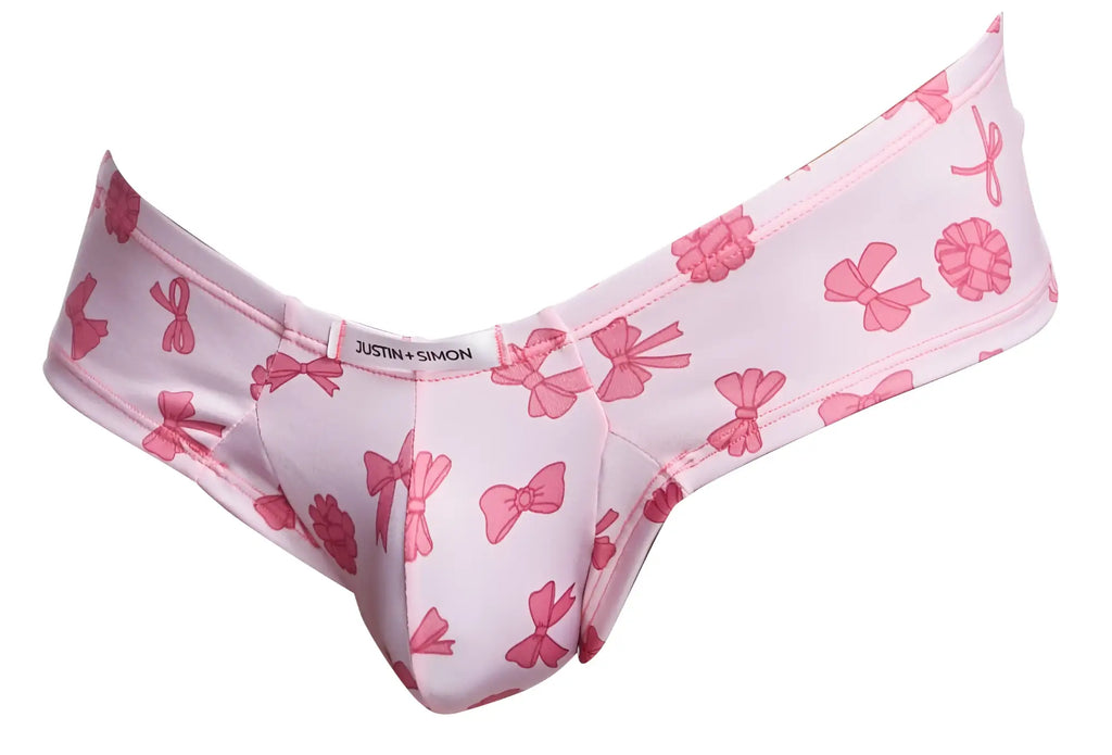 Pink bow-patterned women’s cheek briefs by justin simon in coquette color with soft fabric for comfortable wear
