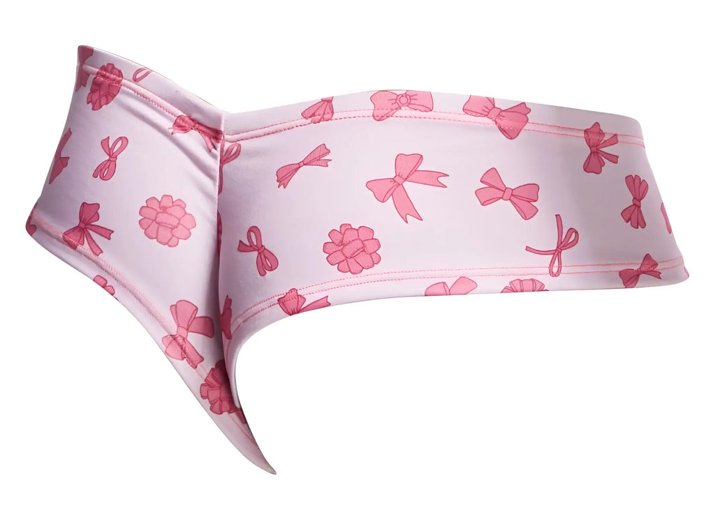 Pink patterned bikini bottom with bows and raspberry print on light pink fabric from justin simon xsj22 cheek briefs color coquette