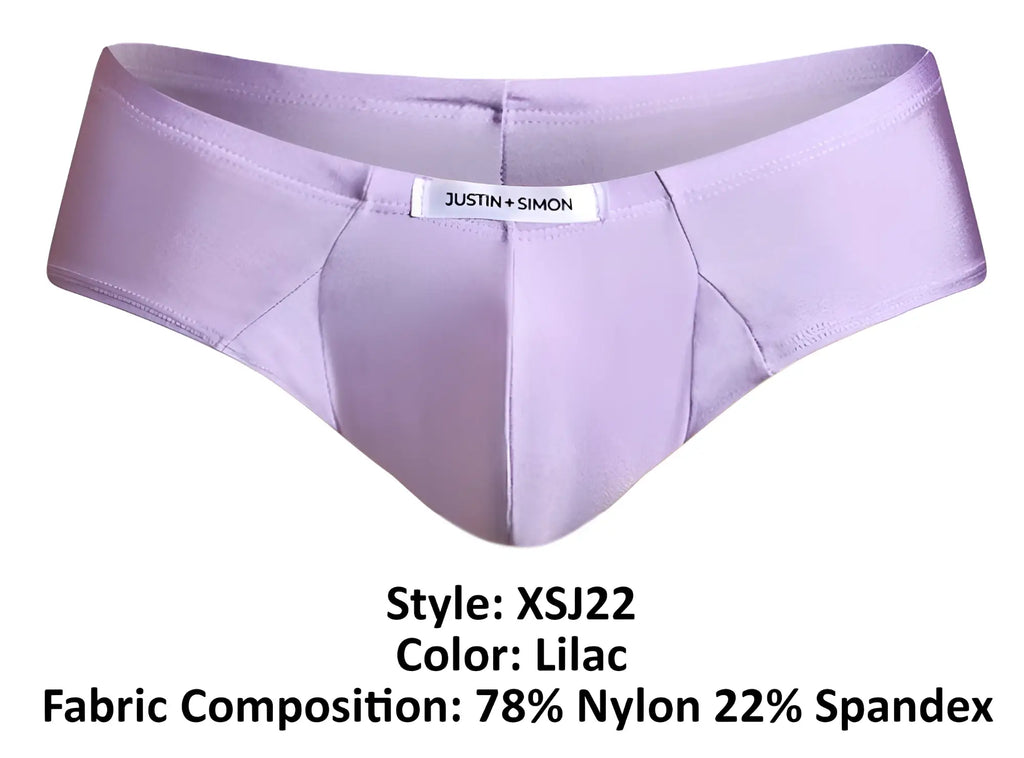 Lilac-colored justin simon men’s briefs made from 78 nylon and 22 spandex showing back side view