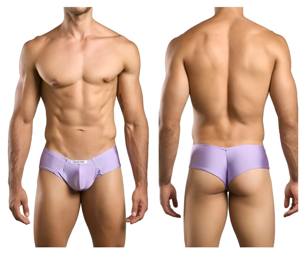 Lavender-colored smooth-textured men’s briefs with subtle brand tag at waistband from JUSTIN+SIMON XSJ22 cheek briefs