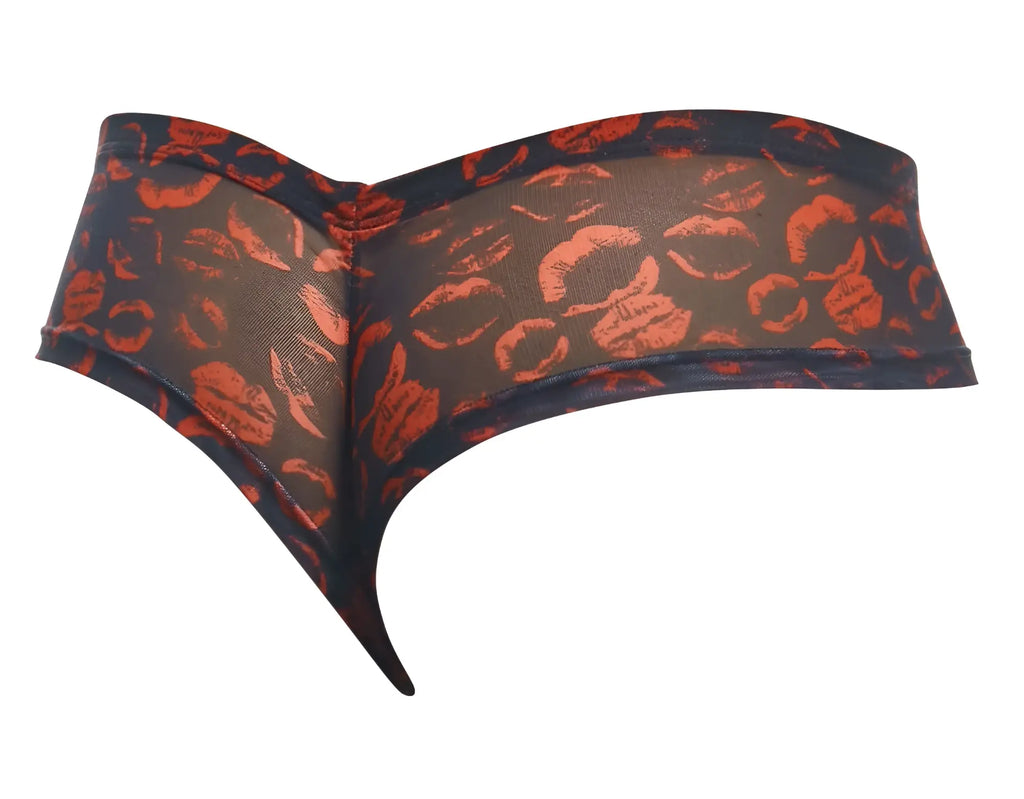 Justin Simon XSJ22 cheek briefs sheer thong with black and orange lipstick print detailing in lips color
