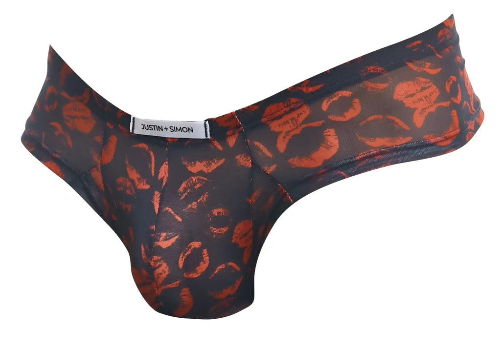 Justin+simon xsj22 cheek briefs thong with black and orange lipstick print in a comfortable stretch fabric