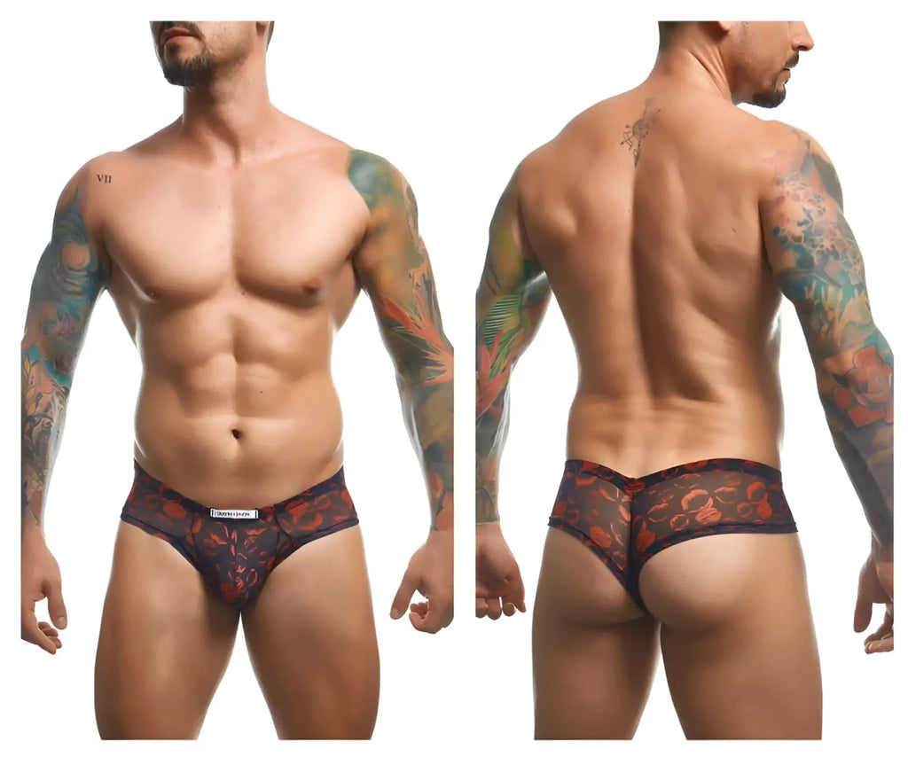 Justin Simon XSJ22 cheek briefs in black and red floral mesh with branded waistband color lips design