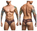 Justin Simon XSJ22 cheek briefs in black and red floral mesh with branded waistband color lips design