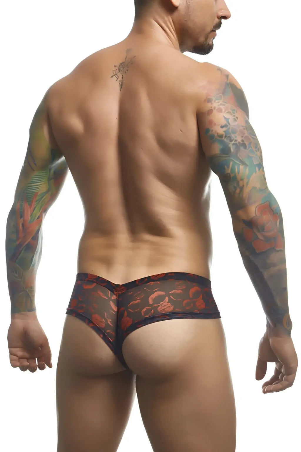 Justin simon xsj22 cheek briefs in black and red floral sheer fabric men’s underwear with lips color pattern