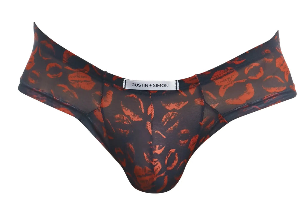 Black sheer thong cheek briefs with bold orange lipstick print and justin simon brand label color lips design