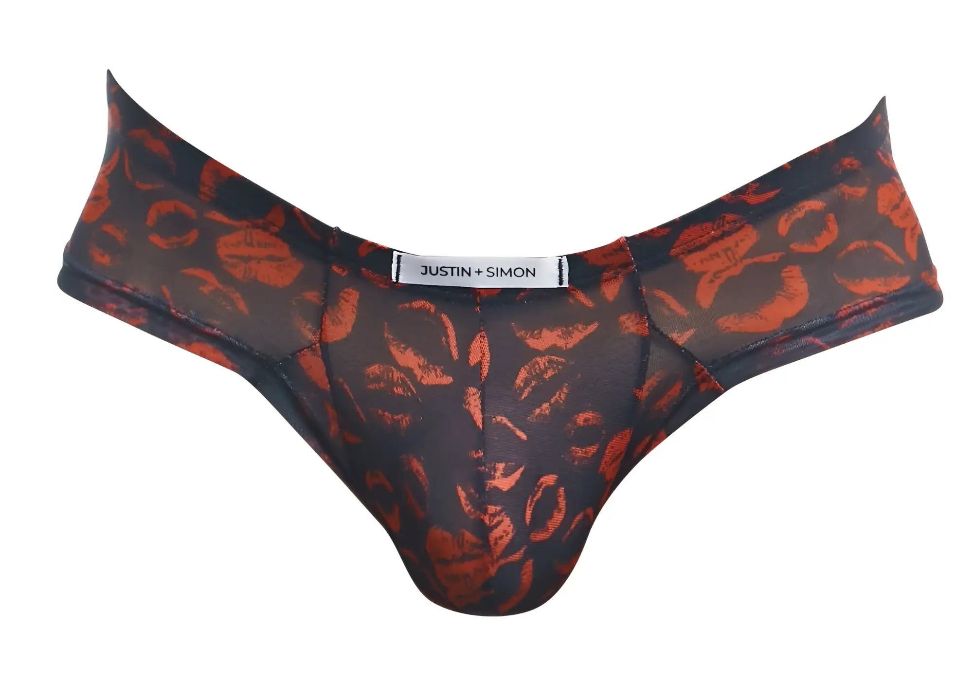 Black sheer thong cheek briefs with bold orange lipstick print and justin simon brand label color lips design