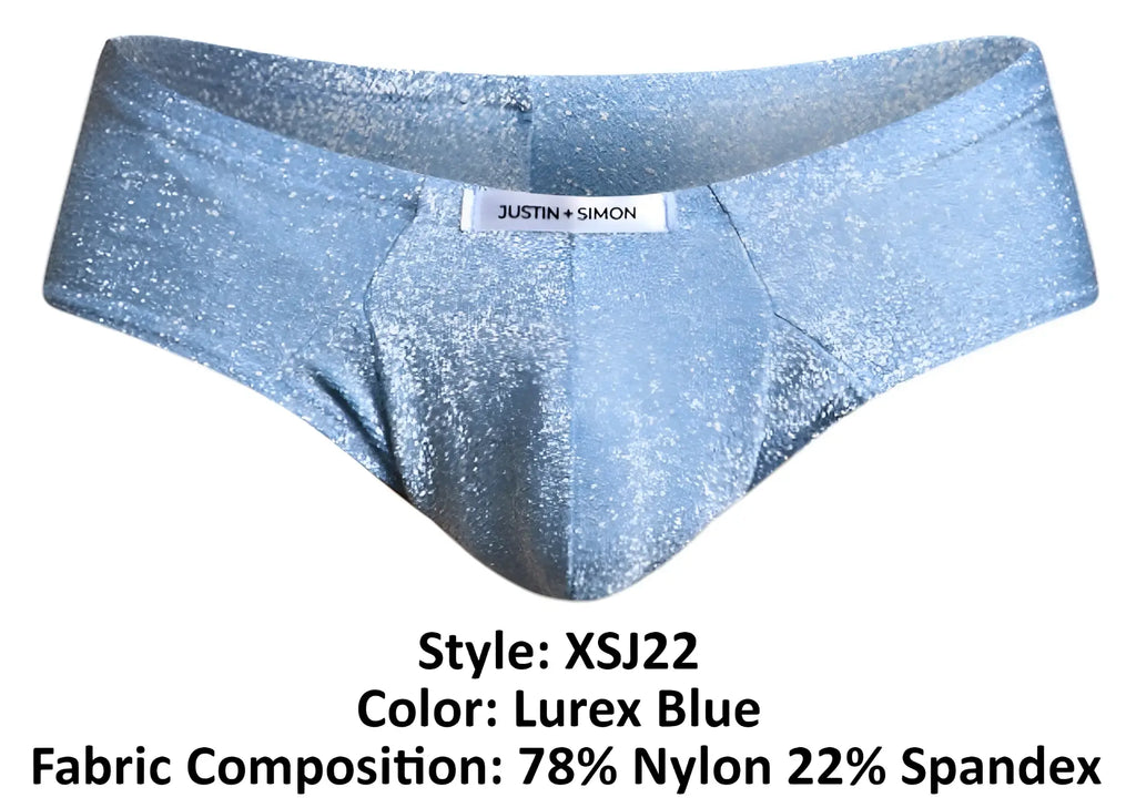 Justin simon xsj22 cheek briefs in lurex blue with shimmering glittery texture and stretch fabric front view
