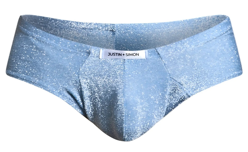 Light blue glittery lurex fabric briefs with justin simon brand label from JUSTIN+SIMON XSJ22 Cheek Briefs collection